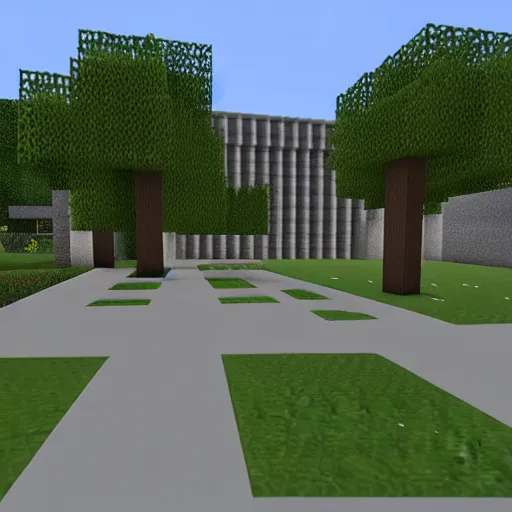 Image similar to college campus sidewalk with a rectangular and new college building in the background,, ( ( minecraft ) ) style, shaders