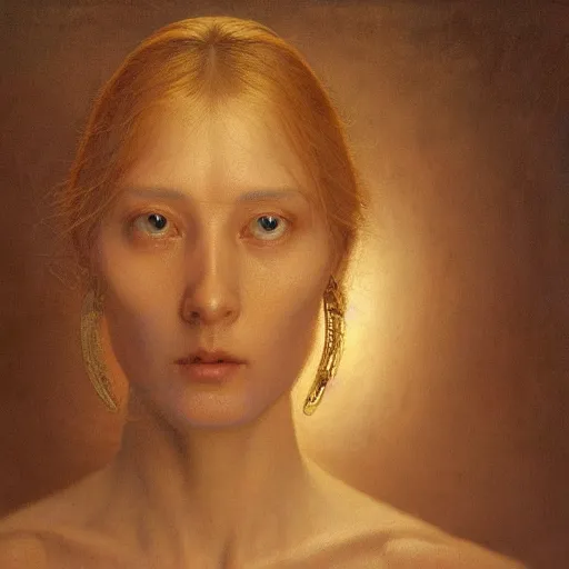 Prompt: Woman masterpiece, nose piercing, golden halo behind her head, by Edgar Maxence and Ross Tran, Zdzisław Beksiński, and Michael Whelan, distant, gustav dore, H.R. Giger, 8k, octane render