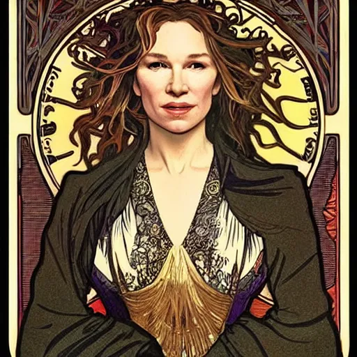 Image similar to renee zellweger portrait by louis - theophile hingre and alphonse mucha, realistic, sharp focus, zodiac signs, tarot cards, planets, ethereal, art nouveau, magic, moon, sun, crown, dreamy, royal, jewellery