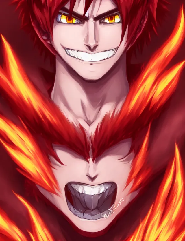 Image similar to a detailed manga portrait of an attractive tall boy with spiked crimson hair and a menacing smile in fiery crimson crystalline armour, trending on artstation, digital art, 4 k resolution, detailed, high quality, sharp focus, hq artwork, coherent, insane detail, character portrait