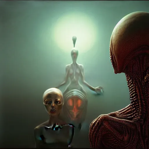 Image similar to alien man with alien woman portraiture, painted by beksinski, 4 k, intricate details, unreal engine, dynamic lighting