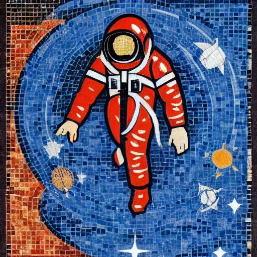 Image similar to soviet mosaic of an cosmonaut exploring deep space, on a giant wall of an apartment building, socialist, propaganda