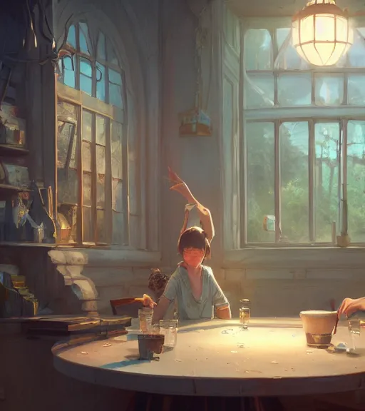 Image similar to highly detailed spilled milk on the table, stephen bliss, unreal engine, loish, rhads, ferdinand knab, makoto shinkai and lois van baarle, ilya kuvshinov, rossdraws, tom bagshaw, reflective global illumination, god rays, detailed and intricate environment