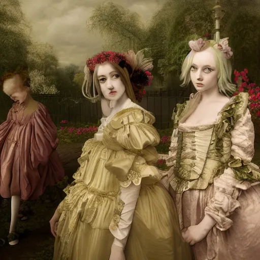 Image similar to 8k, octane render, realism, tonalism, renaissance, rococo, baroque, group of creepy young ladies wearing long flowers and skull dress, harajuku manga, background chaotic gold leaf flowers