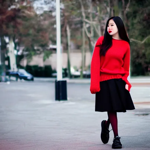 Prompt: of girl wearing red sweater with short black skirt and high heal shoes