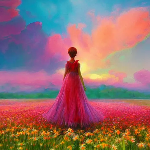 Prompt: giant daisy flower hair, full body girl standing in a flower field, surreal photography, sunrise, dramatic light, impressionist painting, colorful clouds, digital painting, artstation, simon stalenhag