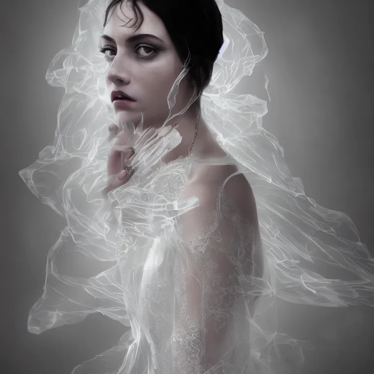 Image similar to hight focus of a wonderful realistic focused sweet wonderful symmetrical centered mid portrait of a lonely woman with a detailed wonderful, majestic, large semi transparent white cotton dress ornate with semi transparent black cotton roses and semi transparent white veils, dramatic light, octane render, - 8 k