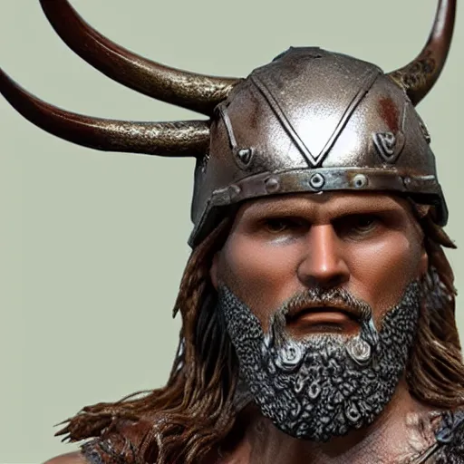 Image similar to of a 3d clay model of a viking from valhalla, wearing the horned helmet ultra fine detail, hair strands, ultra high resolution, fine texture detail, miniature painting techniques, perfect proportions, marvel cinematic universe, eric bana