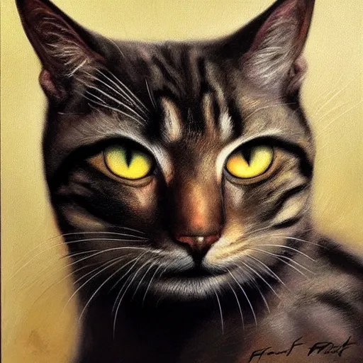 Prompt: ultra realistic portrait painting of cat, art by frank frazetta, 4 k, ultra realistic, highly detailed, epic lighting