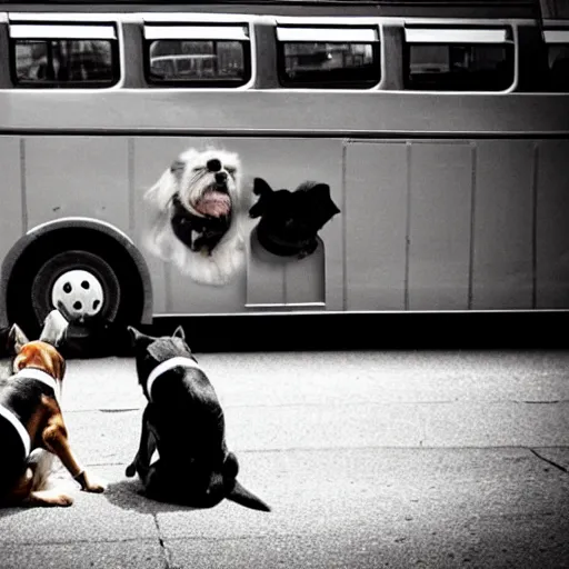 Prompt: !dream a street photo of two dogs sitting in front of the bus