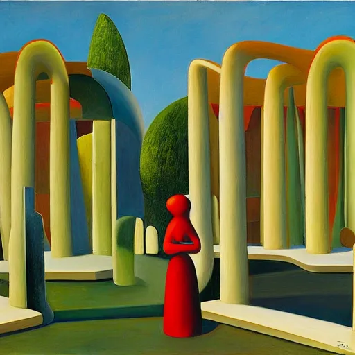 Image similar to biomorphic architecture, fantastical courtyard, grant wood, pj crook, edward hopper, oil on canvas