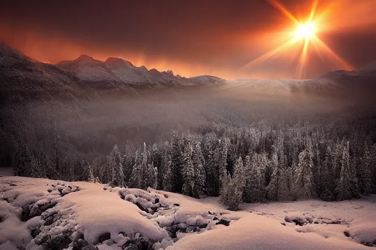 Prompt: amazing landscape photo of nuclear fallout in snowy mountains at sunset by marc adamus beautiful dramatic lighting