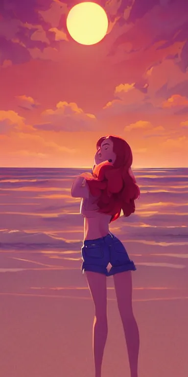 Image similar to lois van baarle, artgerm, helen huang, by makoto shinkai and ilya kuvshino, rossdraws, illustration, art by ilya kuyshuno. cute scarlet red haired cyborg woman, denim shorts, at beach at sunset, beautiful face, smiling, clean cel shaded vector art, exaggerated proportions