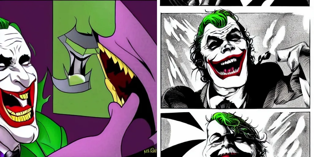 Prompt: the Joker laughing at a Batman's picture