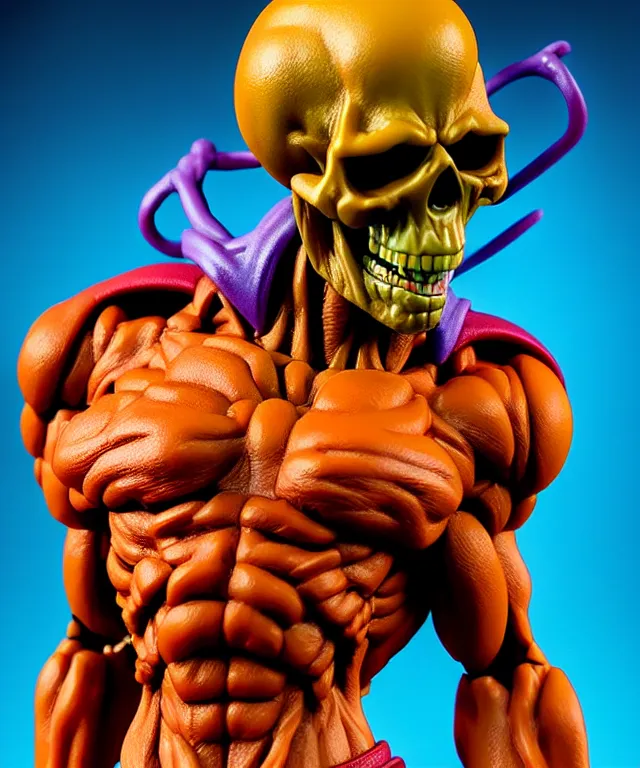 Image similar to hyperrealistic rendering, skeletor, by art of skinner and richard corben and jeff easley, product photography, action figure, sofubi, studio lighting, colored gels