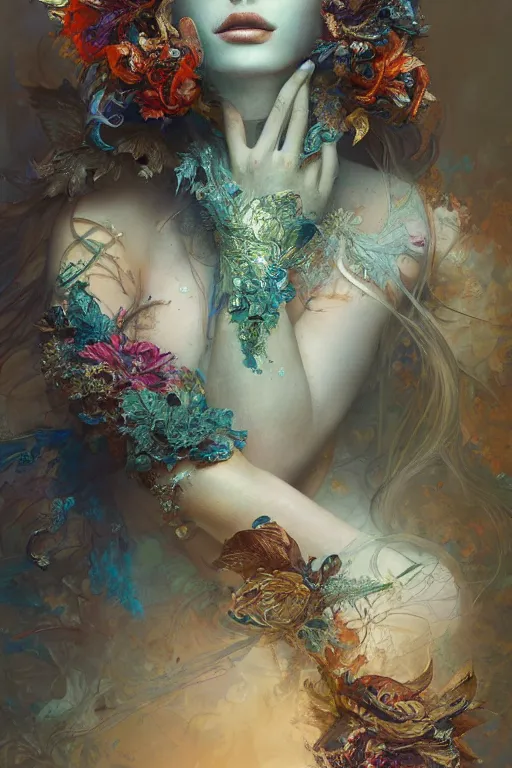 Prompt: a beautiful girl in intricate detailed color oilpaint, 3 d render, hyper realistic detailed portrait, flocking color leaves, ornate leaves headpiece, elegant, intense colors, ruan jia, wlop. scifi, fantasy, hyper detailed, octane render, concept art, by peter mohrbacher, by alphonse mucha, by wlop, by ruan jia