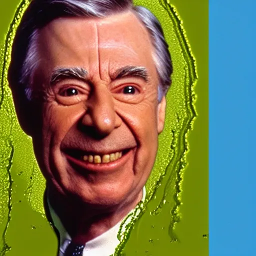 Prompt: mr. rogers proudly displaying an extremely disturbing horror puppet dripping with slime, color screengrab, 4 k