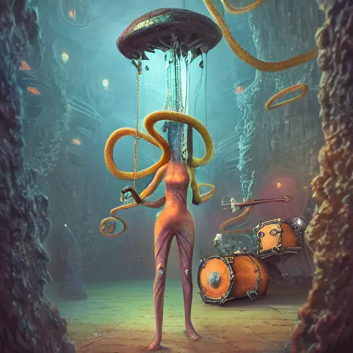 Image similar to dystopian fantasy undersea rock concert. On stage, the drummer is squid woman with tentacles playing a big rock&roll drum kit, by Philipp A. Urlich and Pengzhen Zhang an Andreas Rocha, fantasy, intricate, elegant, highly detailed, digital painting, artstation, blender, unreal engine 5, octane render, smooth, sharp focus, illustration