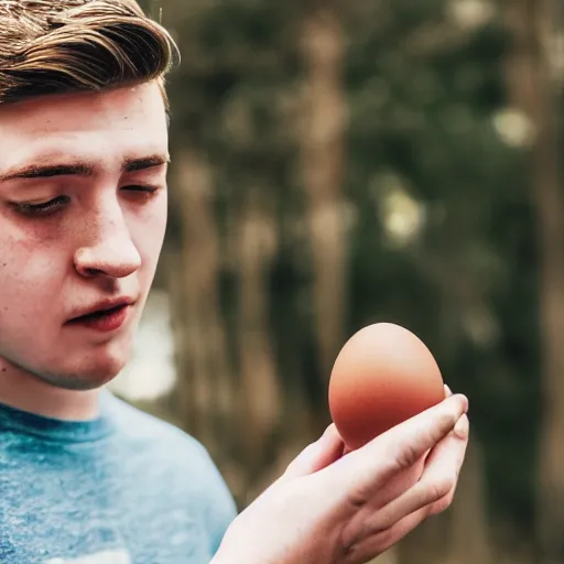 Prompt: photo of Mr Beast holding an egg in hand, full shot, hq, high details, symetrical face, 4k, photo competition winer, high quality