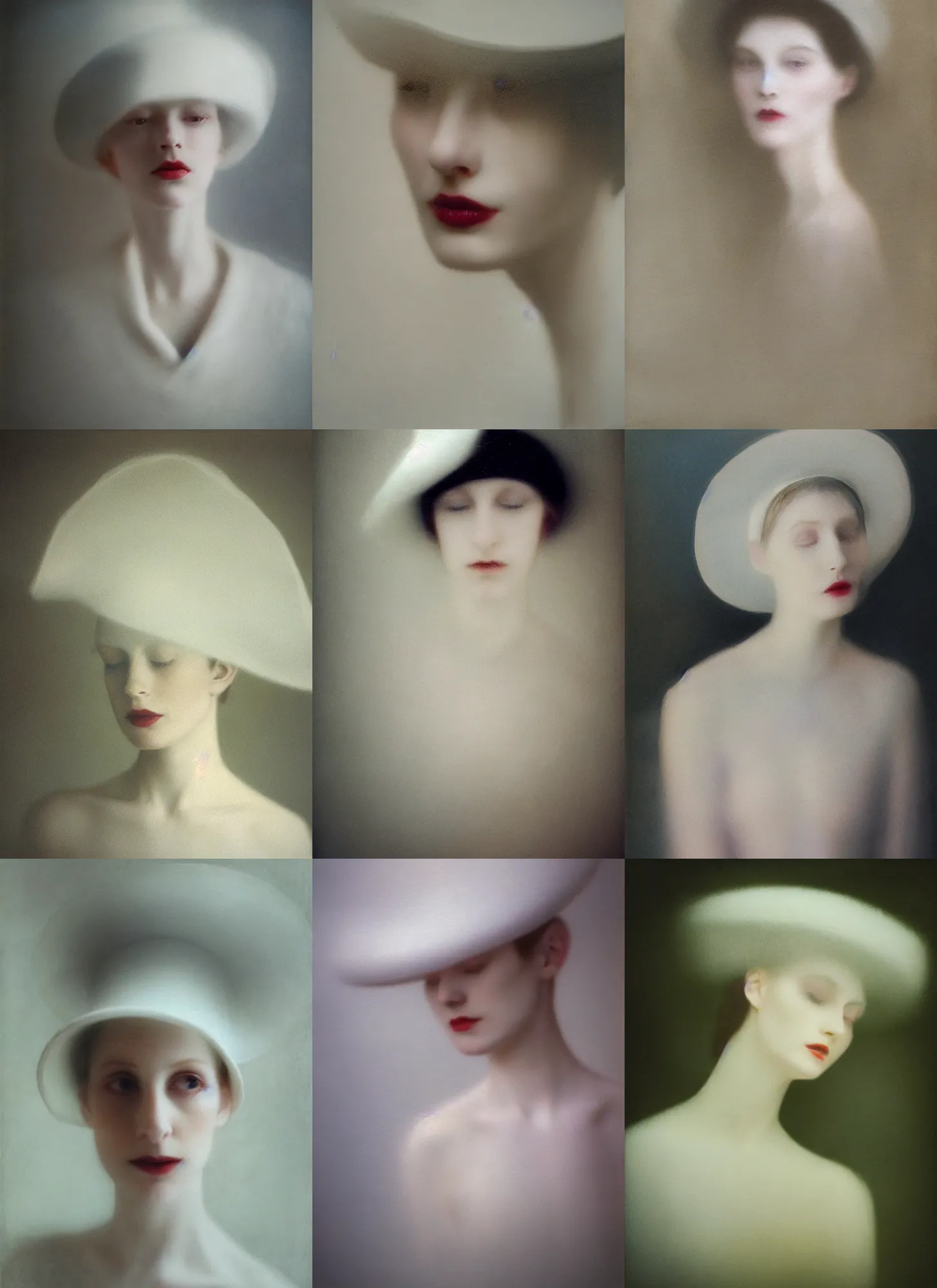 Image similar to out of focus photorealistic portrait of a beautiful pale young woman by sarah moon, very blurry, translucent white skin, closed eyes, foggy, closeup, with a weird hat