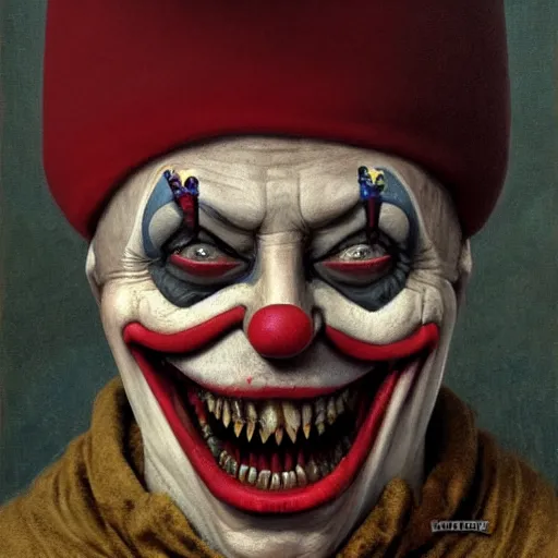 Image similar to vladimir putin, medieval jester, court jester, fool, unga bunga, wearing clown nose, horror teeth, fantasy 3 d render, masterpiece, by donato giancola and greg rutkowski and wayne barlow and zdzisław beksinski, realistic face