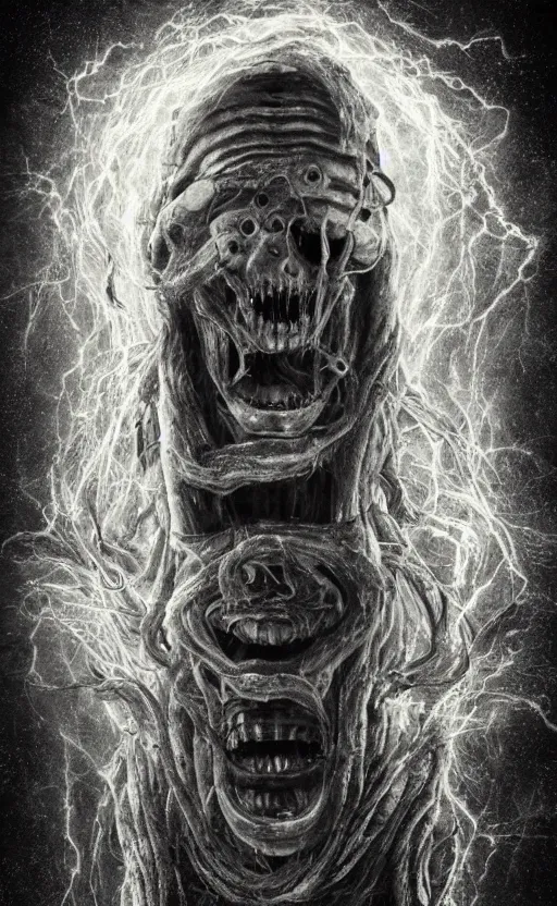 Prompt: full body of eldritch smiling jerma, surrounded by beams of light dark background by wayne barlow, stanley donwood, anton semenov, zdzislaw bekinski, hr giger, 8 k, fantasy, dark, highly detailed