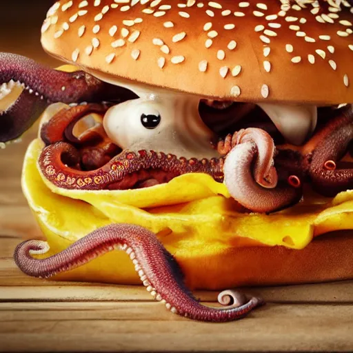 Image similar to octopus made of steel eating fastfood, 5 5 mm