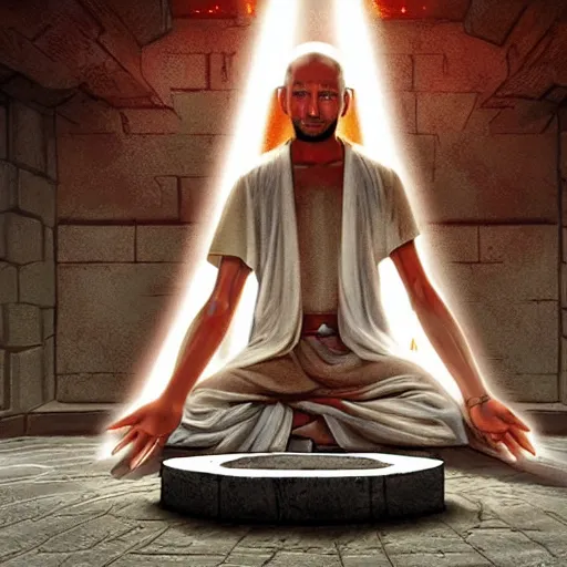 Prompt: a jedi master meditating levitating in an ancient sith temple, digital painting, hyperrealistic concept art