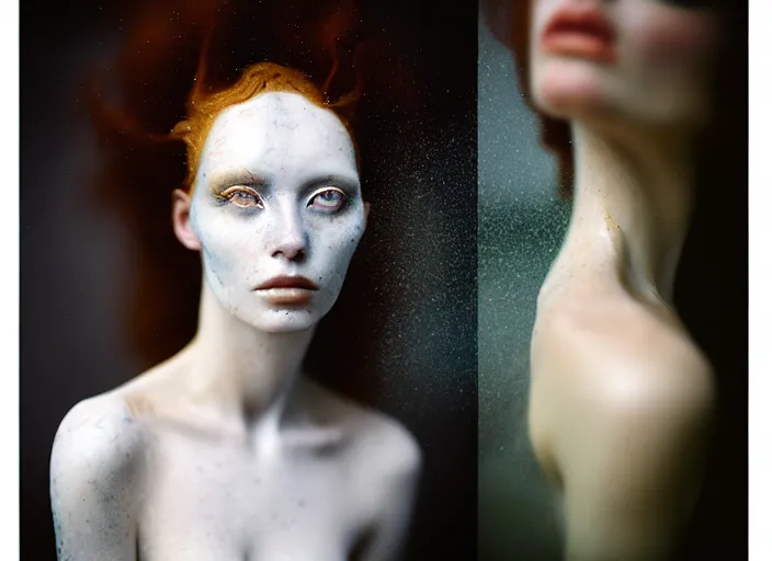Image similar to cinestill 5 0 d photo portrait of a beautiful woman in style of tim walker by roberto ferri, body skin in part weird marble, hair is intricate liquid metal, 1 5 0 mm lens, f 1. 2, sharp focus, ethereal, emotionally evoking, head in focus, bokeh volumetric lighting, tonal colors outdoor