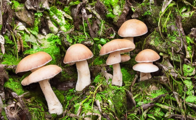 Image similar to a photography of a creepy mushroom family in a rainforest, intricate detail, photorealistic, 2 4 mm mirrorless