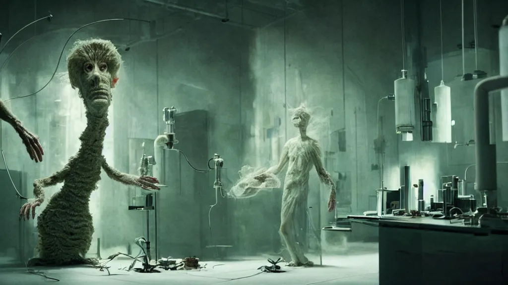 Prompt: a mad scientist in his lab, creates a creature, film still from the movie directed by denis villeneuve and david cronenberg with art direction by salvador dali and agostino arrivabene, wide lens