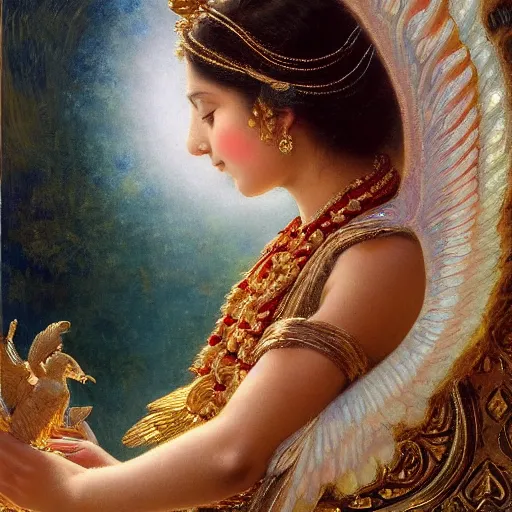 Image similar to detailed portrait of hindu traditional girl with wings high - tech vr headset in baroque painting, girl graceful, eyes closed, painting by gaston bussiere, craig mullins, j. c. leyendecker, lights, art by ernst haeckel, john william godward, hammershøi,,