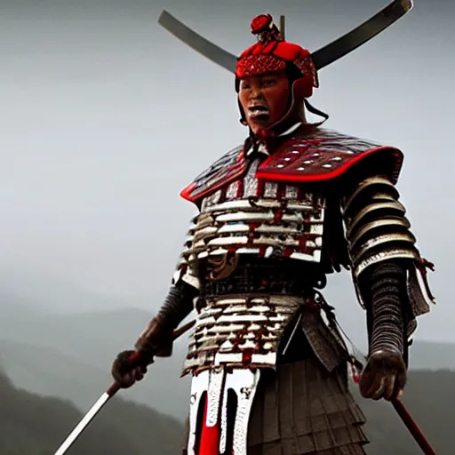Prompt: a film still of a samurai with armor made of long thin bones, the armor is white and red with gold accents, thin details, meat, bones
