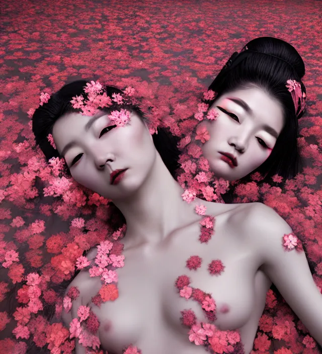 Image similar to baroque portrait of a geisha berserker designed by vitaly bulgarov who is lying down in a river made of thousand of flowers, photorealistic, octane render, 8 k, depth of field