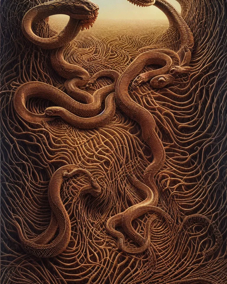 Prompt: ultra realist intricate detailed portrait of an attractive female turning into a snake in an alien landscape, insanity, accurate features, apocalyptic, very intricate details, 8 k resolution, dim lighting, volumetric lighting, artstyle, zdzisław beksinski and keith thompson, award winning