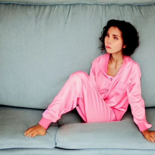 Prompt: a stunning girl sitting on the couch in her loungewear, 35mm photograph, vibrant Colors.