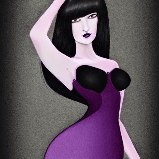 Image similar to beautiful delicate pale thin goth woman with black hair, wearing long black and purple dress, highly detailed, illustration