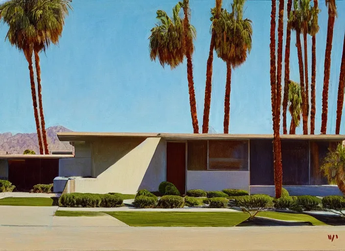 Image similar to painting of a richard neutra house in palm springs by wayne thiebaud