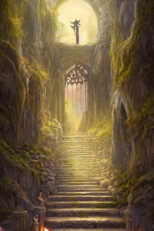 Prompt: matte painting of stone steps fantasy leading do a gothic doorway swung open, artstation by emilia dziubak, will terry, greg olsen, chris mars, ann long, and mark brooks, gret ritkowski dramatic, evening fireflies, architecture, colorful clean and sharp glossy, warcraft architecture