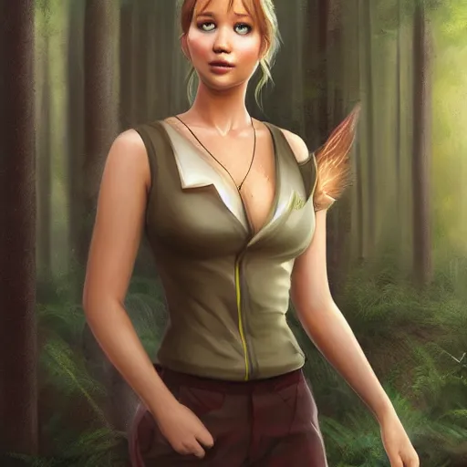 Image similar to a portrait of jennifer lawrence as a pokemon trainer, beautiful, in a dark forest, extremely detailed digital art, trending on artstation hyper realistic matte painting, pixar, by wlop, art germ