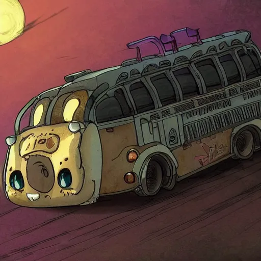 Prompt: Wolfbus in anime style, looking like Catbus in Ghibli studio cartoons. 8k Resolution illustration. Trending on ArtStation and DeviantArt.