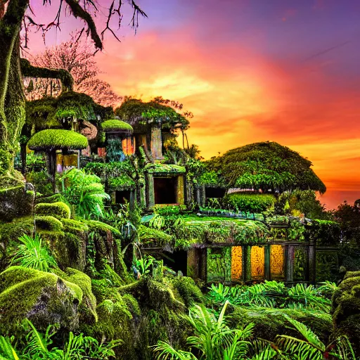 Image similar to a jungle temple surrounded by moss and tropical flowers, with a sunset, by alex horley, bokeh photography