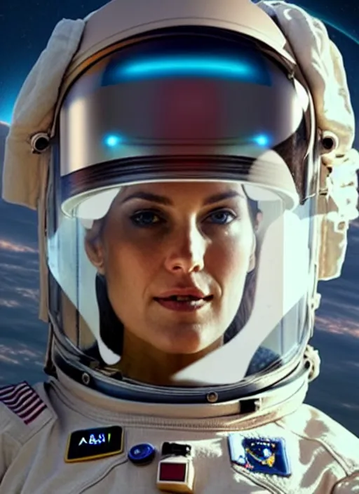 Prompt: Bar Rafaeli as an astronaut, wearing illuminated helmet, sci-fi movie art