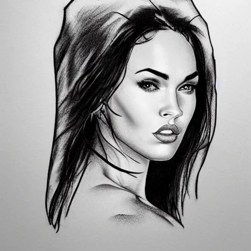 Image similar to tattoo sketch of megan fox's face blended in amazing mountain scenery, in the style of dan mountford