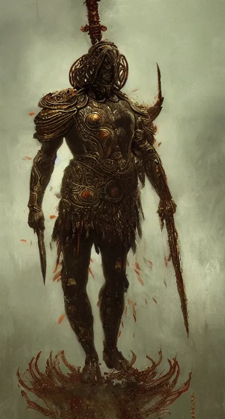 Image similar to zeus god, wearing thunder armor, greek ornamented armor, beksinski, ruan jia, weta workshop concept art