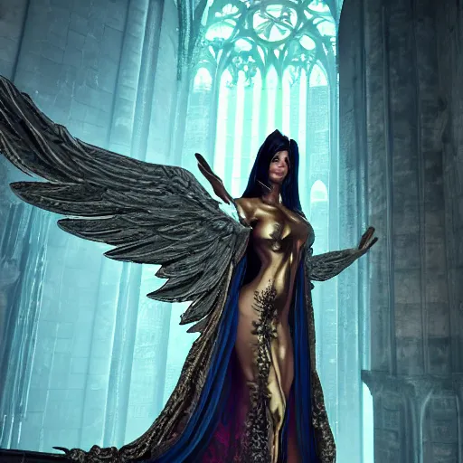 Image similar to tall female angel, wings, shrouded, veiled, ornate cyberpunk armor, flowing robes in an ornate cyberpunk interior, ruins, high arches, cyberpunk cathedral, Cathedral, 8K, trending on artstation, volumetric light, lightrays, smoke, cinematic, atmospheric, octane render, insanely detailed and intricate, hypermaximalist, elegant, ornate, luxury, elite, by James Jean, hyper realistic, super detailed, golden ratio