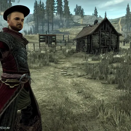 Image similar to jesse pinkman gets caught by riften town guard, tamriel, elder scrolls, skyrim, adventuring gear, highly detailed