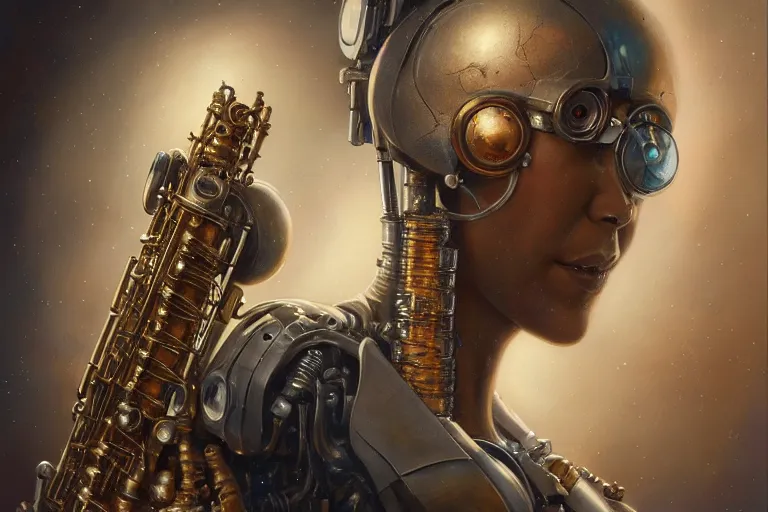 Image similar to a beautiful ultradetailed vintage photo of cyborg playing an oboe, by tom bagshaw and anna dittman, portrait, vignette, 2 4 mm lens, golden ratio composition, detailed face, studio photography, very detailed, cybernetic scifi, artstation, 8 k, highly coherent