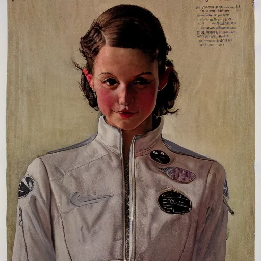 Prompt: a portrait by norman rockwell of a beautiful girl detailed features wearing a pilot suit wedding dress synthetic materials, jumpsuits chic'techno fashion trend by nike