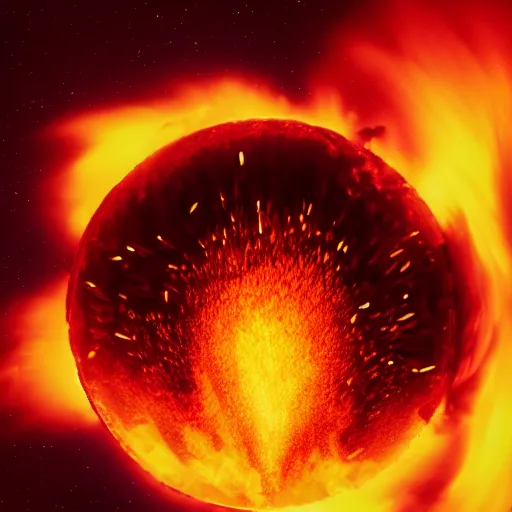 Image similar to red hot burning sphere embedded in fireball explosion with fire, 4 k